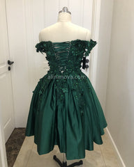 Short Satin Ball Gown Party Dress Lace Flowers Beaded Off Shoulder