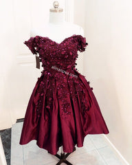 Short Satin Ball Gown Party Dress Lace Flowers Beaded Off Shoulder