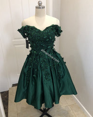 Short Satin Ball Gown Party Dress Lace Flowers Beaded Off Shoulder