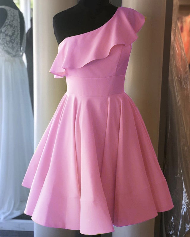 Short Satin Homecoming Dresses One Shoulder