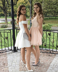 Short Satin Off Shoulder Ruffle Homecoming Dresses