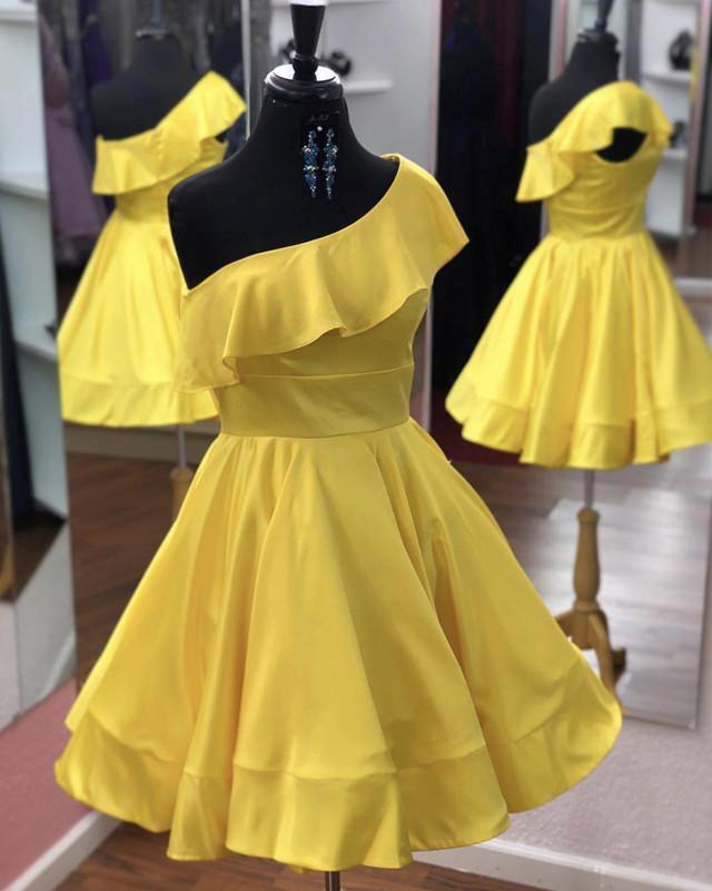 Short Satin Ruffles Homecoming Dress One Shoulder