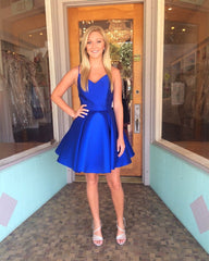 Short Satin V Neck Bow Back Homecoming Dresses