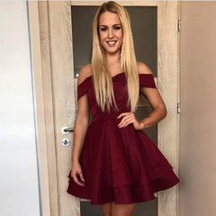 Short Satin V Neck Off-The-Shoulder Homecoming Dresses