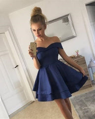Short Satin V Neck Off-The-Shoulder Homecoming Dresses