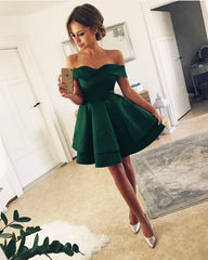 Short Satin V Neck Off-The-Shoulder Homecoming Dresses