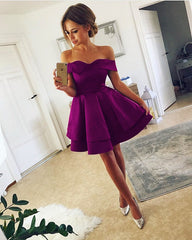 Short Satin V Neck Off-The-Shoulder Prom Homecoming Dresses