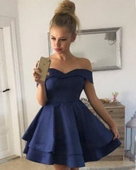 Short Satin V Neck Off-The-Shoulder Prom Homecoming Dresses