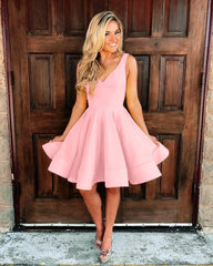 Short Satin V Neck Swing Prom Dresses Ball Gowns Homecoming Dress