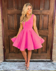 Short Satin V Neck Swing Prom Homecoming Dresses