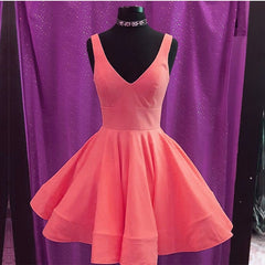 Short Satin V Neck Swing Prom Homecoming Dresses
