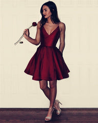 Short Satin V-neck Spaghetti Straps Homecoming Dresses