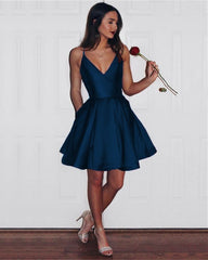 Short Satin V-neck Spaghetti Straps Homecoming Dresses