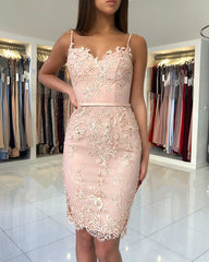 Short Spaghetti Straps Sweetheart Sheath Lace Homecoming Dresses