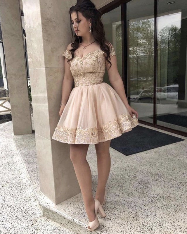 Short Tulle Homecoming Dresses Off The Shoulder Lace Embroidery
