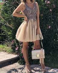Short Tulle Homecoming Dresses Sequin Beaded V Neck