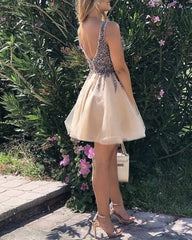 Short Tulle Homecoming Dresses Sequin Beaded V Neck