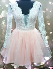 Short Tulle Plunge Neck Homecoming Dresses Lace Appliques Long Sleeves