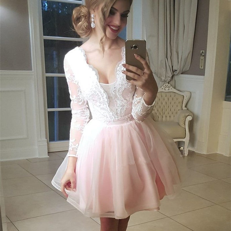 Short Tulle Plunge Neck Homecoming Dresses Lace Appliques Long Sleeves