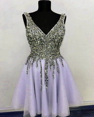 Short Tulle Prom Homecoming Dresses V Neck Sequin Beaded
