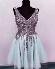 Short Tulle Prom Homecoming Dresses V Neck Sequin Beaded