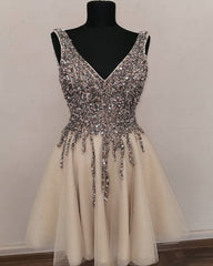 Short Tulle Prom Homecoming Dresses V Neck Sequin Beaded