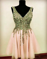 Short Tulle Prom Homecoming Dresses V Neck Sequin Beaded