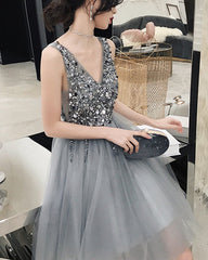 Short Tulle Silver Homecoming Dresses Sequins Beaded
