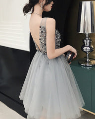 Short Tulle Silver Homecoming Dresses Sequins Beaded