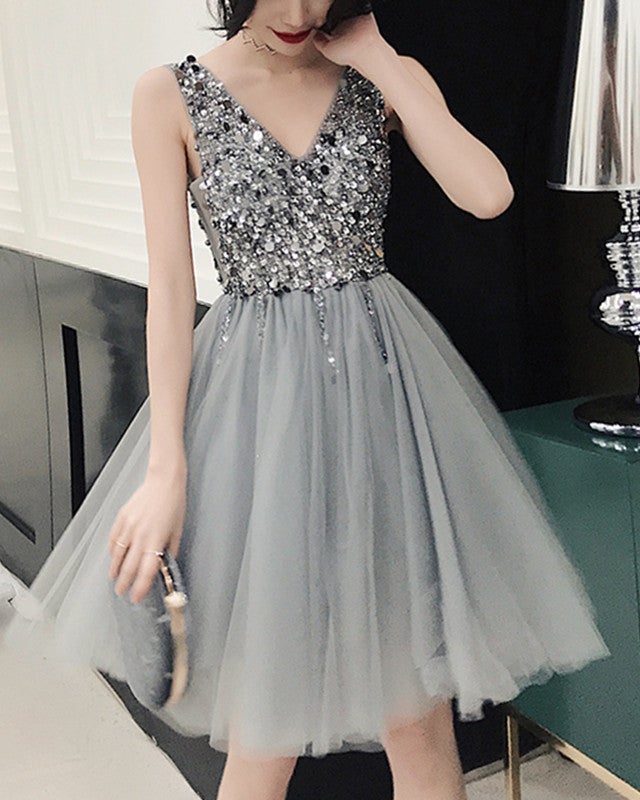 Short Tulle Silver Homecoming Dresses Sequins Beaded