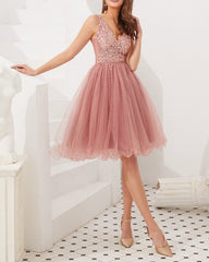 Short Tulle V Neck Homecoming Dresses Sequin Beaded
