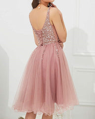 Short Tulle V Neck Homecoming Dresses Sequin Beaded