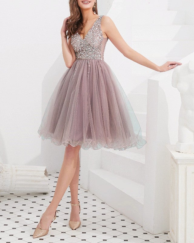 Short Tulle V Neck Homecoming Dresses Sequin Beaded