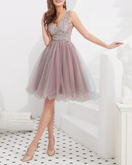 Short Tulle V Neck Homecoming Dresses Sequin Beaded