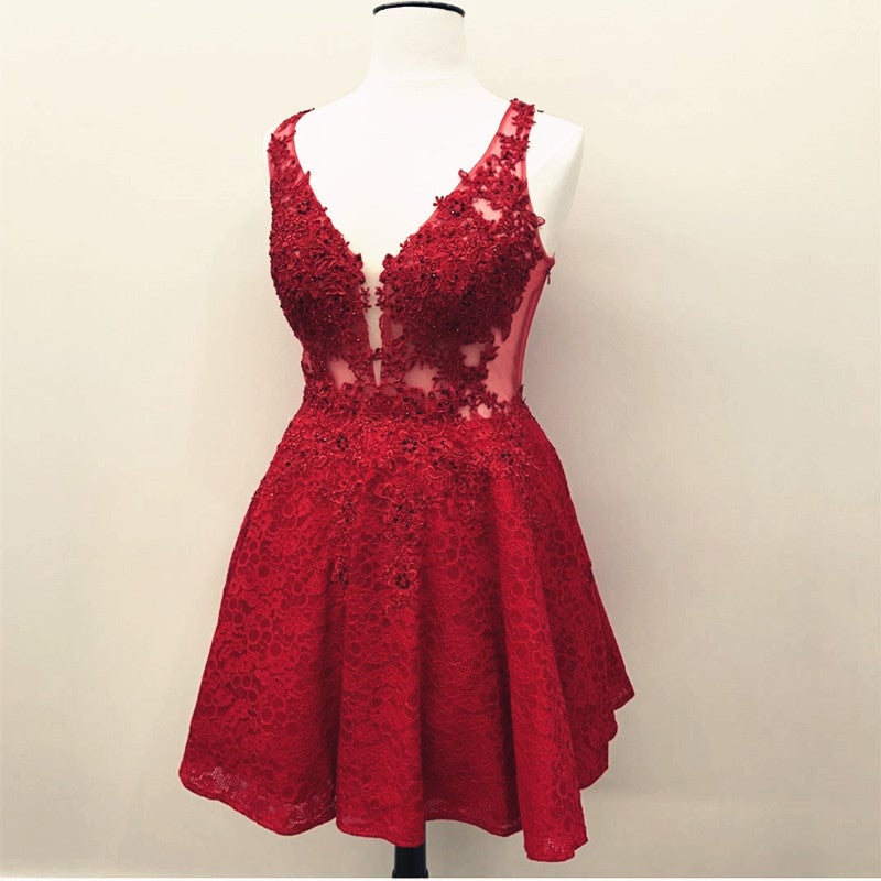 Elegant Short V Neck Lace Homecoming Dresses
