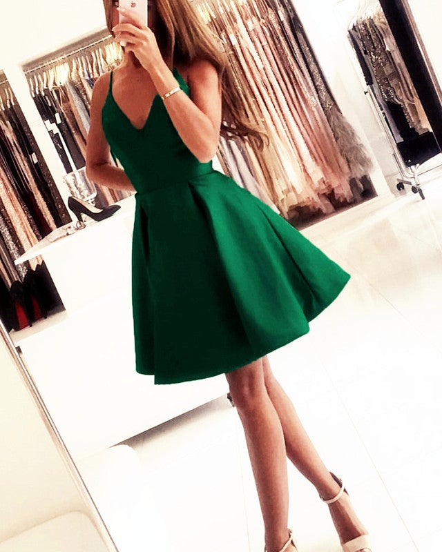 Short V-neck Satin Homecoming Dresses With Straps