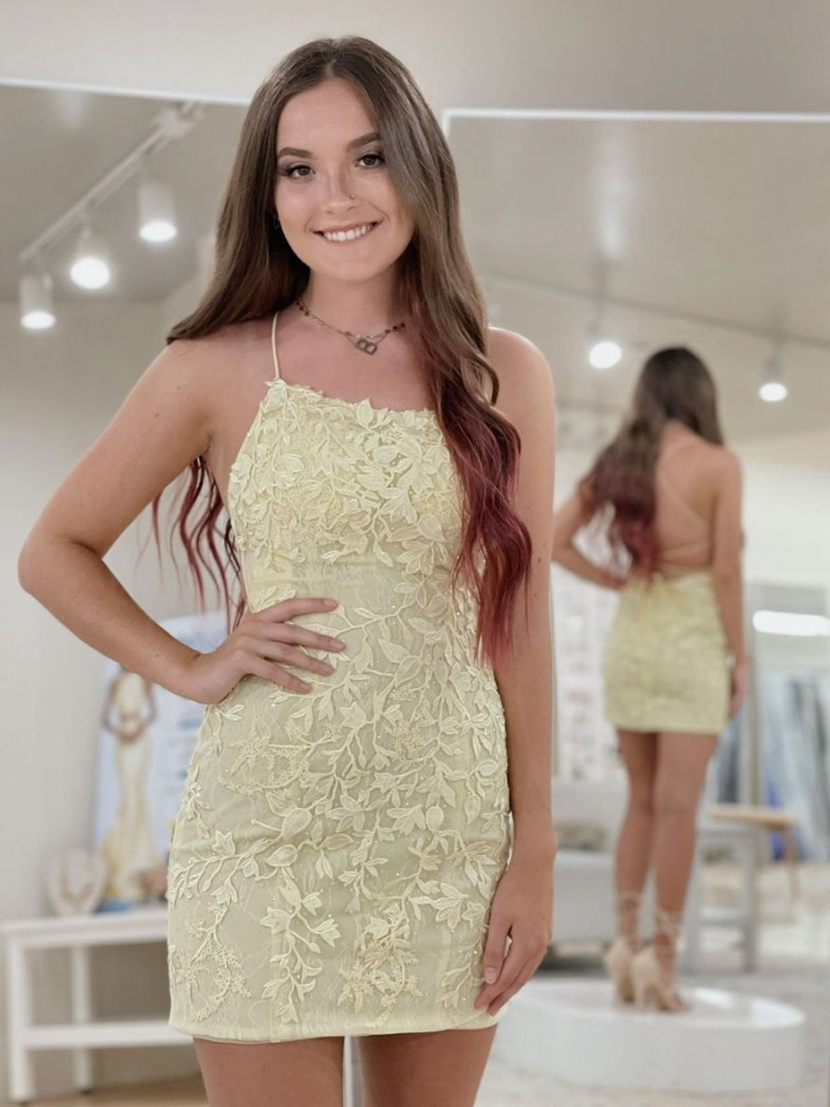 Short Backless Yellow Purple Lace Prom Dresses, Open Back Short Lace Formal Homecoming Dresses