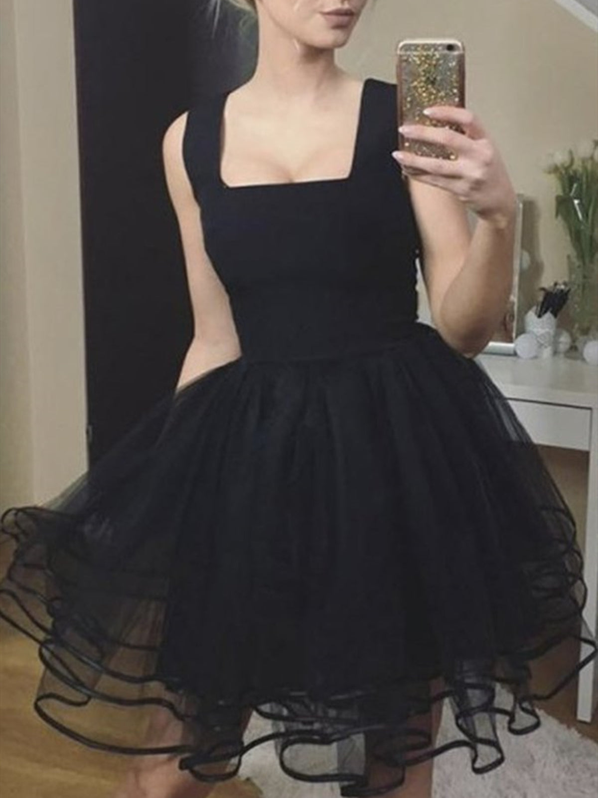 Short Black Tulle Prom Dresses, Short Black Tulle Graduation Formal Dresses