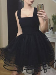 Short Black Tulle Prom Dresses, Short Black Tulle Graduation Formal Dresses