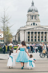 Short Blue Polka Dot Wedding Dress with 3/4 Sleeves