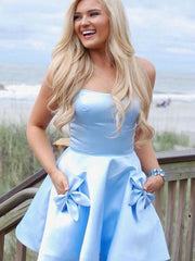 Short Blue Satin Prom Dresses, Short Blue Satin Formal Graduation Dresses