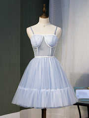 Short Blue Tulle Prom Dresses, Short Blue Graduation Homecoming Dresses