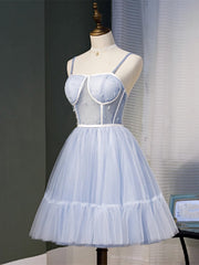 Short Blue Tulle Prom Dresses, Short Blue Graduation Homecoming Dresses