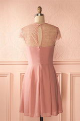 Korte dop mouwen roze chiffon bruidsmeisje jurk