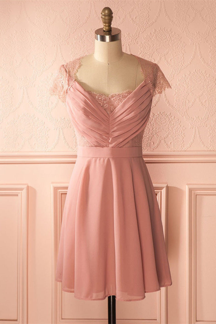 Korte dop mouwen roze chiffon bruidsmeisje jurk