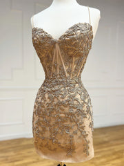 Short Champagne Lace Prom Dresses, Short Champagne Lace Formal Homecoming Dresses