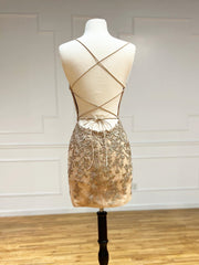 Short Champagne Lace Prom Dresses, Short Champagne Lace Formal Homecoming Dresses
