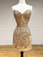 Short Champagne Lace Prom Dresses, Short Champagne Lace Formal Homecoming Dresses