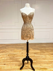 Short Champagne Lace Prom Dresses, Short Champagne Lace Formal Homecoming Dresses