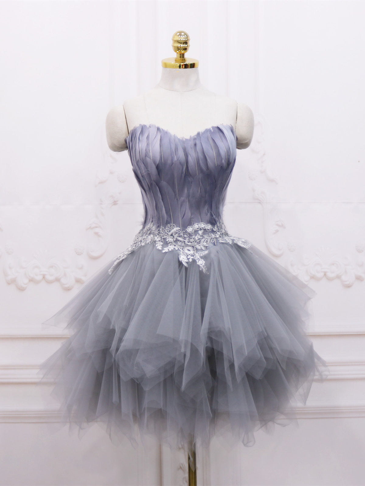 Short Gray Lace Prom Dresses, Short Gray Lace Formal Homecoming Dresses